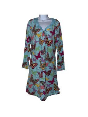 Nick & NoraButterfly Nightgown Pajamas Womens L Blue Colorful Long 3/4 Sleeve